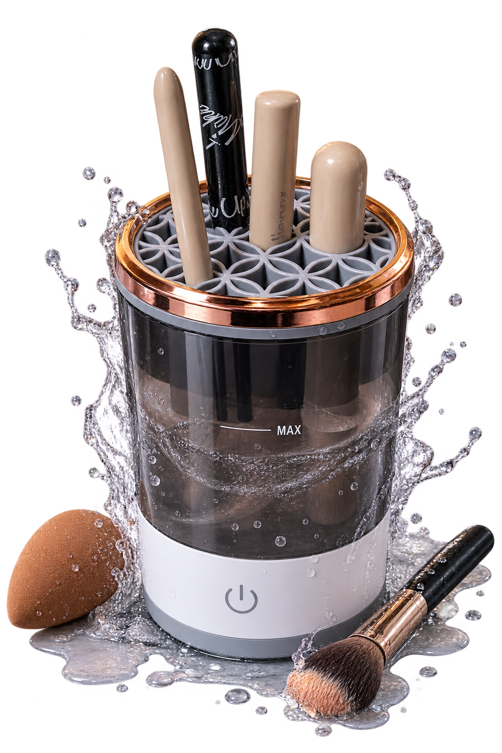 Bloom Pro makeup brush cleaner with four brushes in the lid, water splashing around it